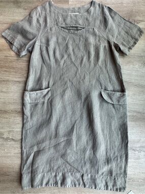 Haris Cotton Made in Greece 100% Linen Shift Dress Cutout Chest Front Pocket L